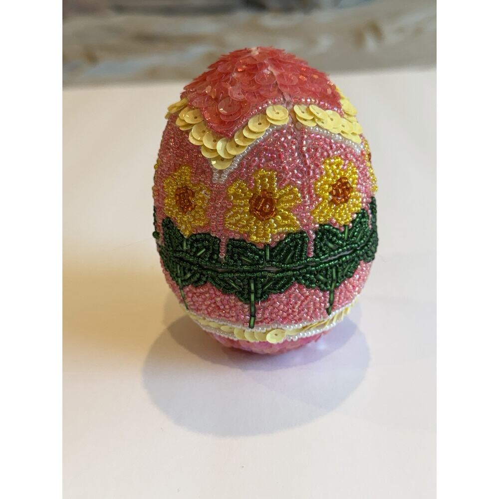 Vintage Godiva Style Beaded Sequin Easter Egg Trinket Box Pink Floral Faberge